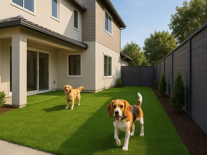 side yard featuring artificial turf with Dog Runs