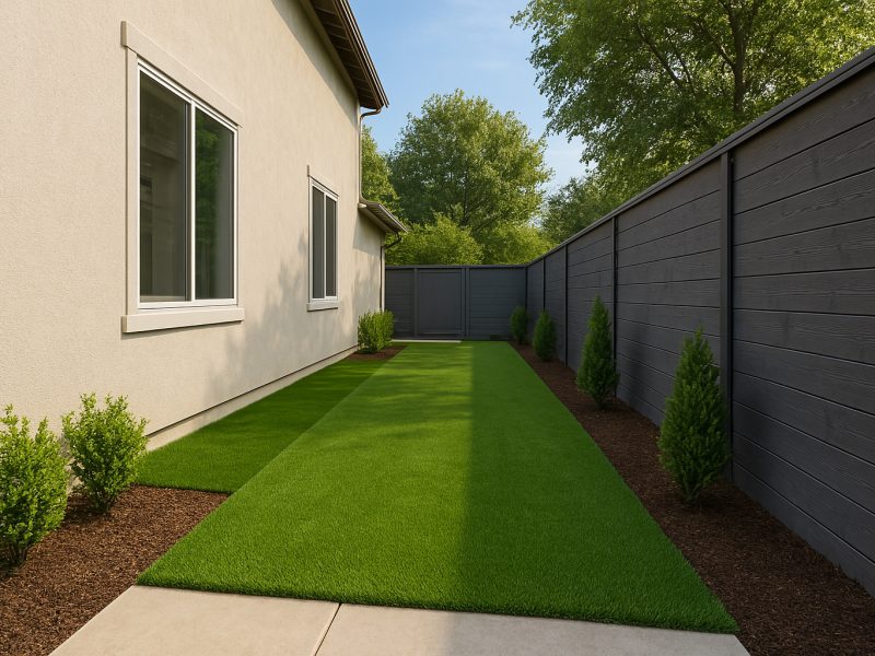side yard featuring artificial turf with Garden Paths