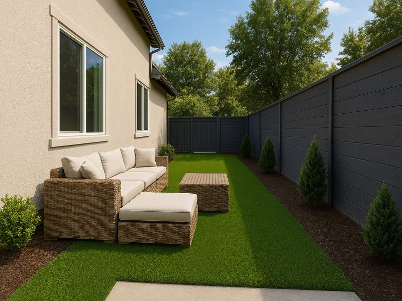 side yard featuring artificial turf with Outdoor Lounge Spaces